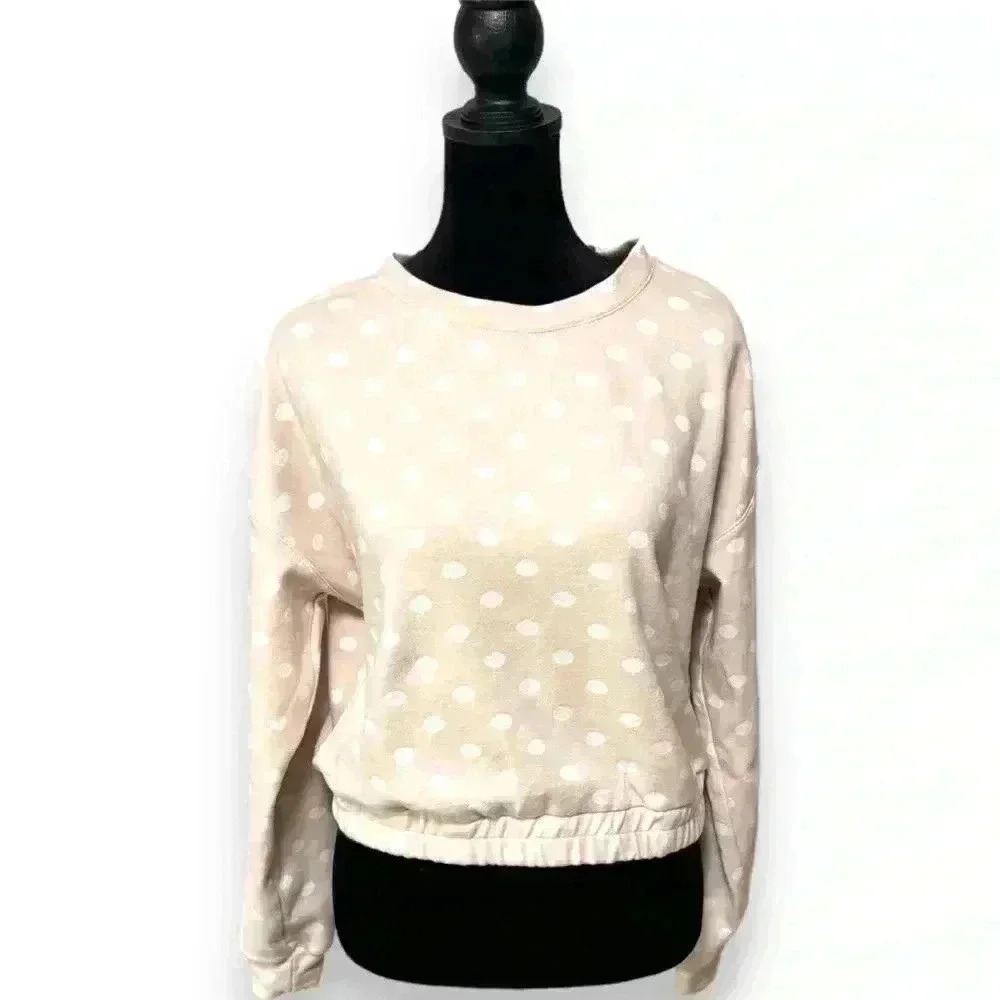 BLU PEPPER Dot Print Crew Neck Cropped Top long sleeve blush pink and cream NEW! - Picture 3 of 14